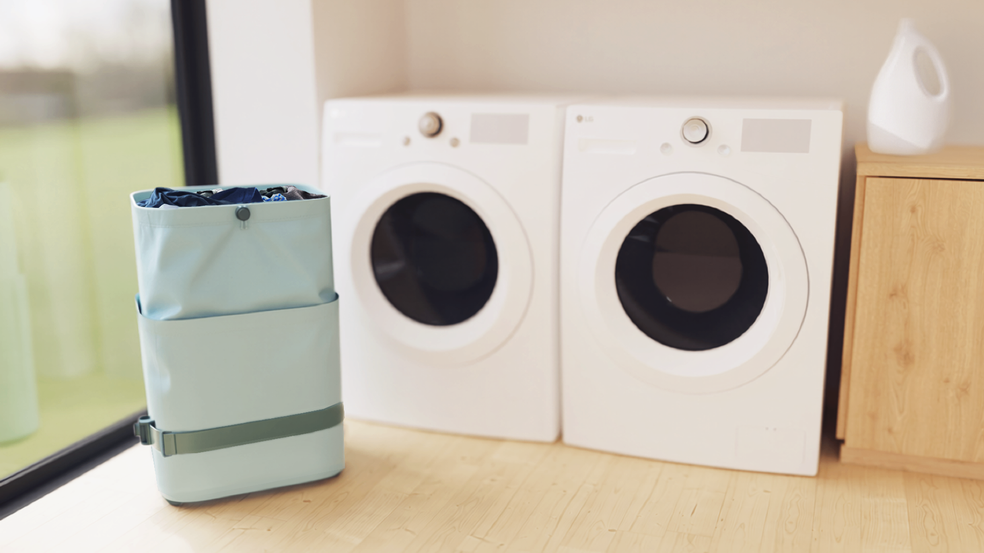 A wheelchair user moving laundry independently with Fello
